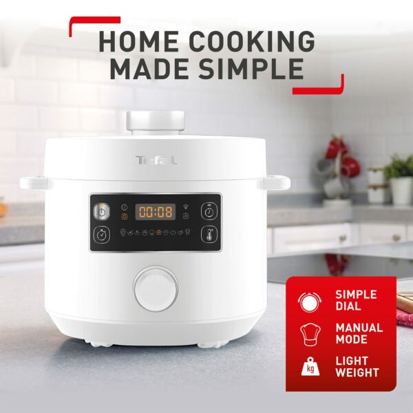 Tefal Turbo Cuisine. 4.8L Electric Pressure Cooker with mitts, 10 Programmes inc. stew, steam, bake, slow cooker, Rice cooker, 4.8L, 1000 W, Plastic, White, CY756140
