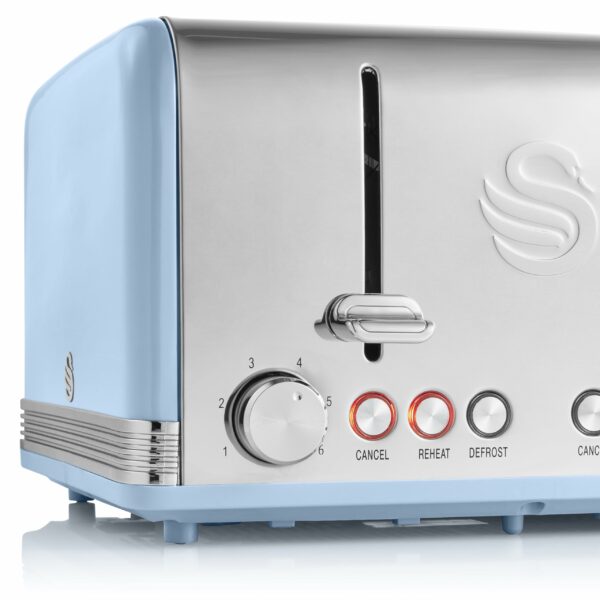 Swan ST19020BLN Retro 4-Slice Toaster with Defost/Reheat/Cancle Functions, Cord Storage, 1600W, Retro Blue