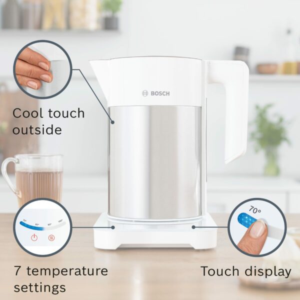Bosch Sky Cordless Kettle TWK7201GB 7 Variable Temperature settings & KeepWarm function, 1.7 Litres, White/Silver