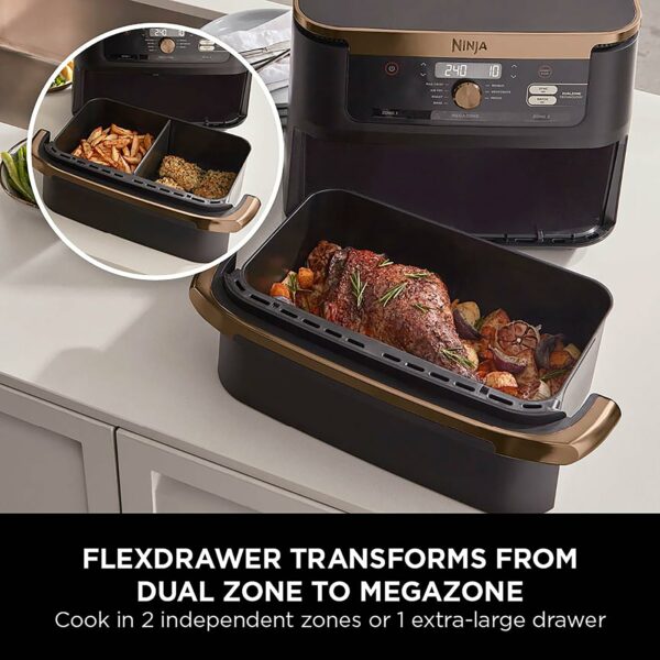 Ninja Foodi FlexDrawer Air Fryer, Dual Zone with Removable Divider, Large 10.4L Drawer, 7-in-1, Air-Fryer, Air Fry, Roast, Bake, Crisp, Non-Stick Dishwasher Safe Parts, Black and Copper, AF500UKCP