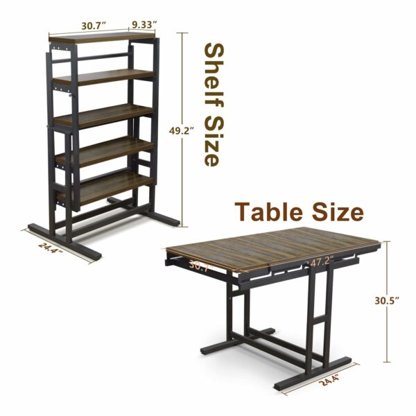 DISHENGZHEN Space Saving Convertible Shelf Table, Multipurpose Converting Kitchen Dining Table to Shelf, Wood and Metal Convertible 2 in 1 Bookshelf to Dining Table