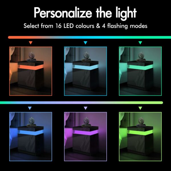 Elfordsen Led Bedside Table with 2 Drawers and 1 Top Drawer, Bedside Cabinet with 4-side High Gloss