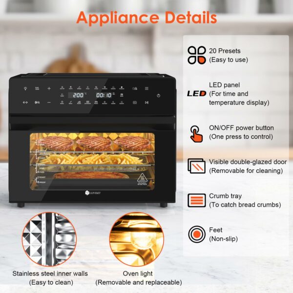 LLIVEKIT 30L Air Fryer Oven XXL with Rotisserie, Mini Oven with 20 Programs and 9 Accessories, Air Fryer Oven with LED Touchscreen, Stainless Steel Liner Oven, Double-layered Glass Door, Recipe Book