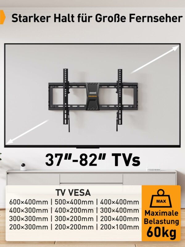 Perlegear TV Wall Bracket for Most 37–82 inch LCD LED 3D Plasma TVs up to 60kg, Slim Tilt TV Bracket for Flat or Curved TVs Max VESA 600x400mm, Large TV Wall Mount with Adjustable Pull Cords, PGLT5