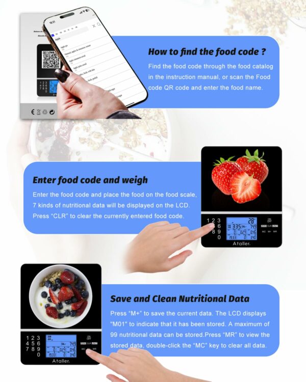 Ataller Food Scale with Nutritional Calculator, Kitchen Diet Scale, Digital Food Calorie Counting Scale for Meal Prep, Kitchen, Baking, Weight Loss, Resolution 1g, Max 5kg 11Ib, Tempered Glass, Black