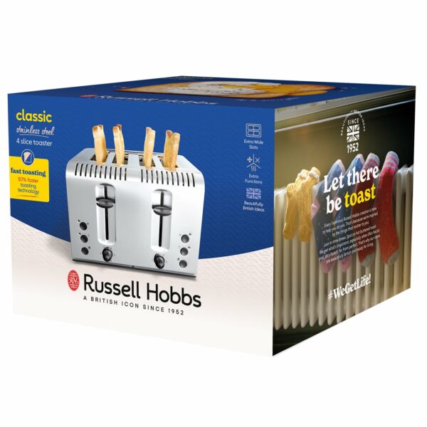 Russell Hobbs 4 Slice Buckingham Toaster with Fast toast technology - (Blue light strip indicates toasting, Independent & Extra wide slots, 2400W, Polished & Brushed Stainless Steel) 20750