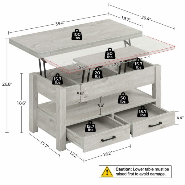 Seventable Coffee Table, 47.2" Lift Top Coffee Table with 2 Storage Drawers and Hidden Compartment, Retro Center Table