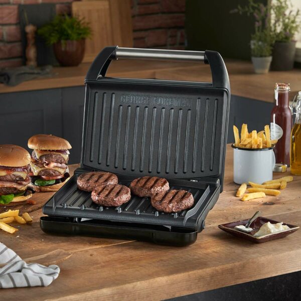 George Foreman Medium Electric Steel Grill [Non stick, Healthy, Griddle, Toastie, Hot plate, Panini, BBQ, Energy saving, Vertical storage, Easy clean, Drip tray, Ready to cook light] Grey, 1650W 25041
