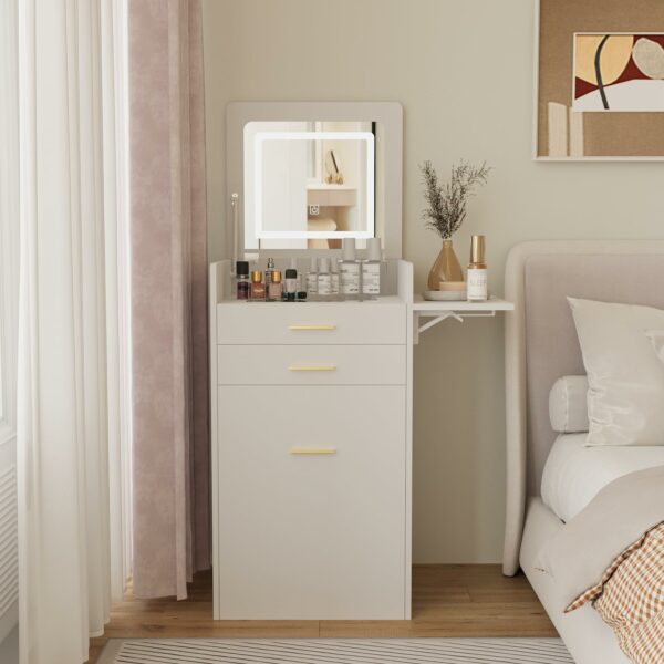 YOURLITE Dressing Table with Flip-top Mirror and LED Lights, Integrated Makeup Table for Small Spaces, Compact Small Vanity Desk Set with Fold-up Panel, Cushioned Storage Stool for Bedroom, White