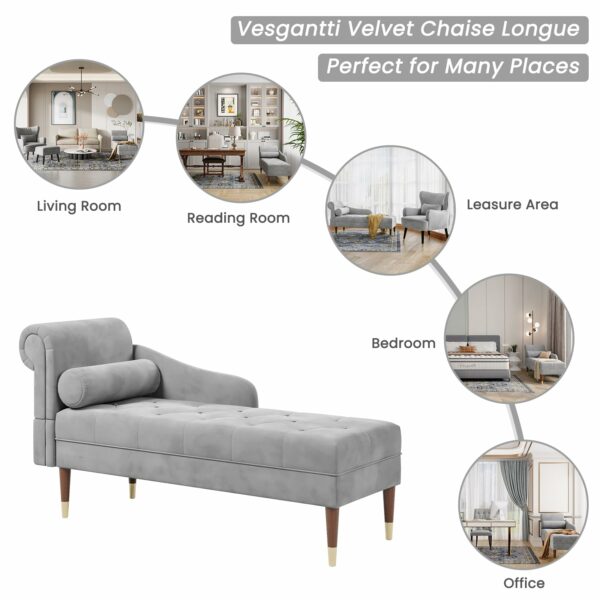 Vesgantti Velvet Chaise Longue, Indoor Lounge Sofa with Left Armrest and Lumbar Pillow, Upholstered Chaise Lounge for Living Room Bedroom and Office, Tool-free Assembly(Grey)