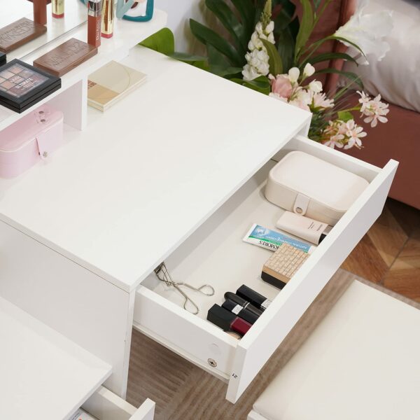 Tukailai Dressing Table with LED Lights Mirror and Stool, Corner Vanity Makeup Desk Set with 4 Drawers and 3 Storage Shelves