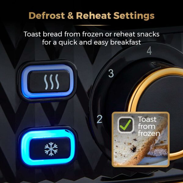Tower T20054BLK Empire 2 Slice Toaster with Defrost/Reheat, Removable Crumb Tray, 900W, Black and Brass