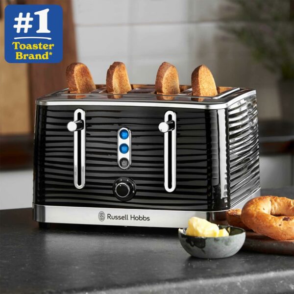 Russell Hobbs Inspire 4 Slice Toaster (Extra wide slots, High lift feature, 6 Browning levels, Frozen/Cancel/Reheat function with Blue LED illumination, 1800W, Black textured high gloss) 24381