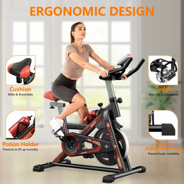 Jupgod Stationary Exercise Bike, Indoor Cycling Bike with Slient Flywheel, LCD Monitor, Comfortable Seat, Indoor Cycling Bike for Home Training Cardio, Black Red