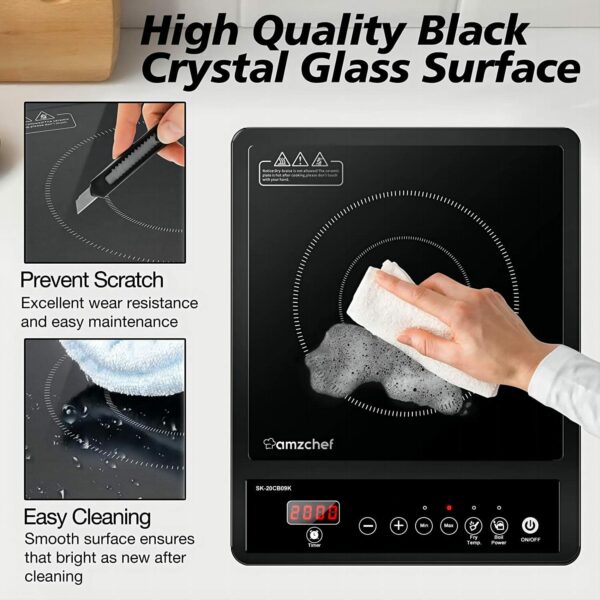 AMZCHEF Single Induction Hob, Portable Induction Hob, 10 Temperature Settings and Power levels from 300W to 2000W, Black Frosted Glass Panel,Sensitive Press Control, 3-hour Timer
