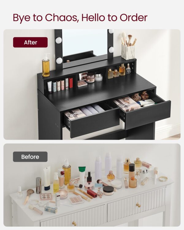 VASAGLE Dressing Table, LED Lights with Adjustable Brightness, Vanity Table with Mirror, 2 Drawers and 3 Compartments, Makeup Table, Modern, Simply Black RDT194B01