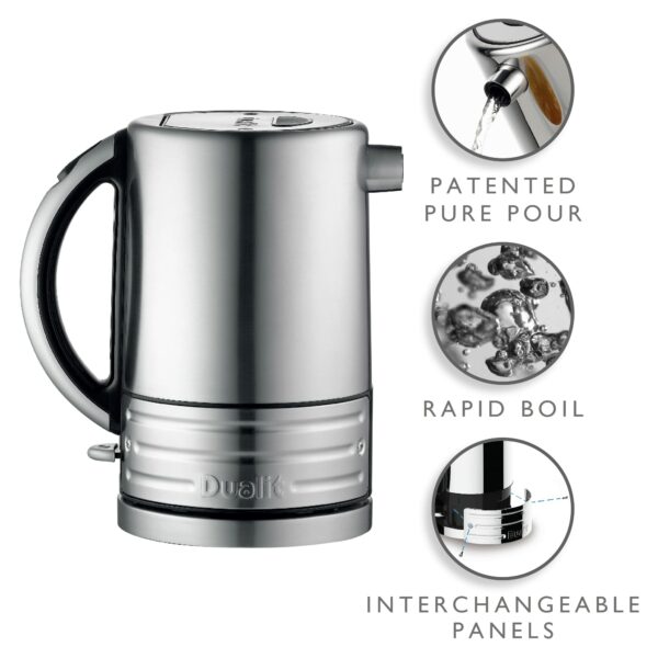 Dualit Architect Kettle | 1.5 L 2.3 KW Stainless Steel | Rapid Boil and Patented Pure Pour Non-Drip Spout | Measuring Window with Cup Level Indicators | CJK1, Black Trim Brushed Body