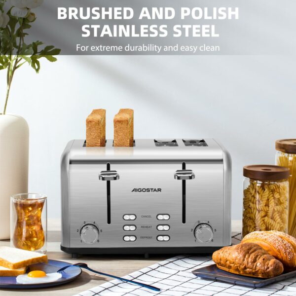 Aigostar Toaster 4 Slice Stainless Steel Toaster with Independent and Extra-Wide Slots, High Lifting, Defrost & Reheat Functions, Variable Browning Settings, Silver - Gordon 30ZGE