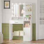 Hzuaneri Dressing Table with Mirror and 10 LED Lights,Vanity Table, Makeup Vanity with 3 Shelves & 4 Open Compartments, Large Drawer & Cabinet, Adjustable Lighting Brightness, White VT08103XUK