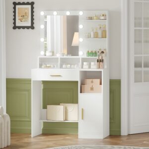 Hzuaneri Dressing Table with Mirror and 10 LED Lights,Vanity Table, Makeup Vanity with 3 Shelves & 4 Open Compartments, Large Drawer & Cabinet, Adjustable Lighting Brightness, White VT08103XUK
