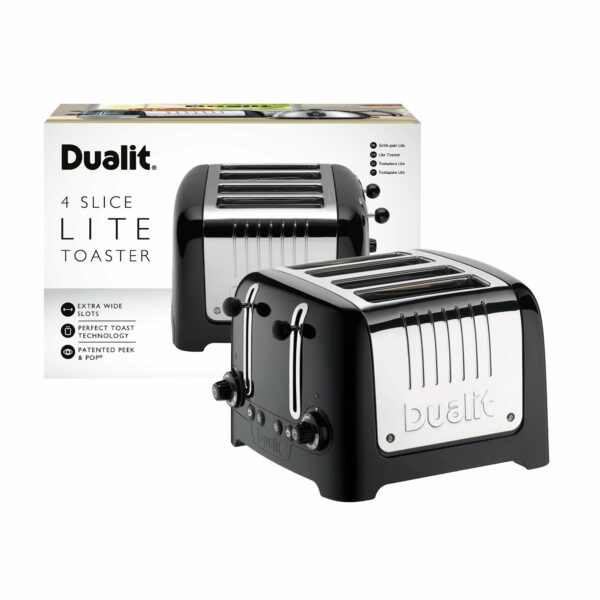 Dualit 4 Slice Lite Toaster | 2kW Toasts 120 Slices an Hour | Polished with High Gloss Black Trim | Bagel & Defrost Settings | 36 mm Wide Slots | 46205