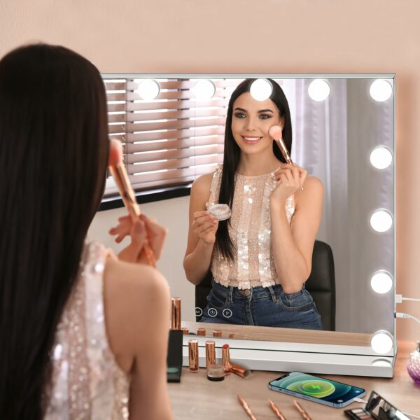Dripex Hollywood Vanity Mirror with Lights, 58×45cm Large Lighted Makeup Mirror with 15 Dimmable Bulbs, 3 Color Modes, Touch Screen Control, Adapter Plug, Tabletop or Wall Mounted Mirror For Bedroom