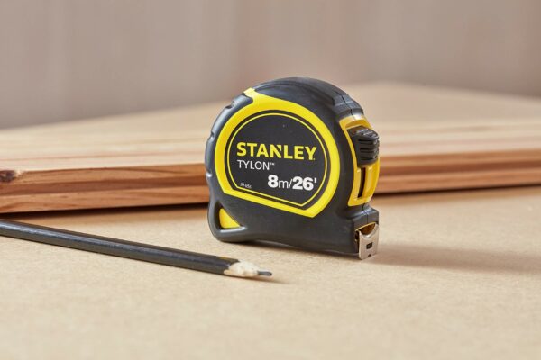 Stanley Tylon Pocket Tape Measure 8m/26ft, Tru-Zero End Hook, Tylon Coated Blade, 1.75m Tape Standout, 0-30-656