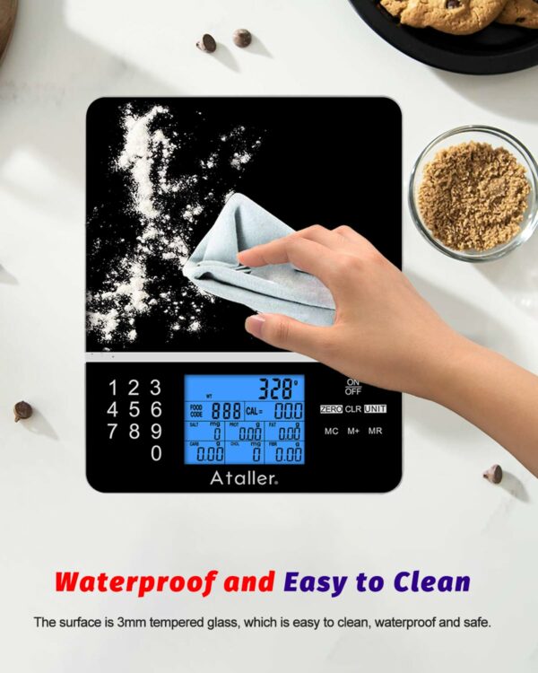Ataller Food Scale with Nutritional Calculator, Kitchen Diet Scale, Digital Food Calorie Counting Scale for Meal Prep, Kitchen, Baking, Weight Loss, Resolution 1g, Max 5kg 11Ib, Tempered Glass, Black