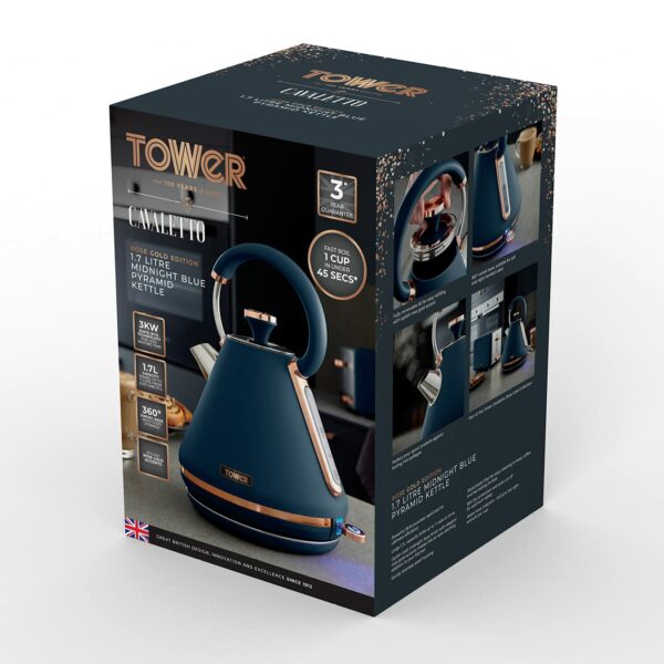 Tower T10044MNB Cavaletto Pyramid Kettle with Fast Boil, Detachable Filter, 1.7 Litre, 3000 W, Midnight Blue and Rose Gold