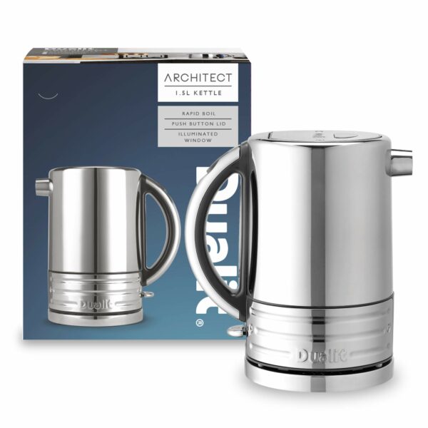Dualit Architect Kettle | 1.5 Litre 2.3 KW Stainless Steel Kettle With Grey Trim | Rapid Boil and Patented Pure Pour Non-Drip Spout | Measuring Window with Cup Level Indicators