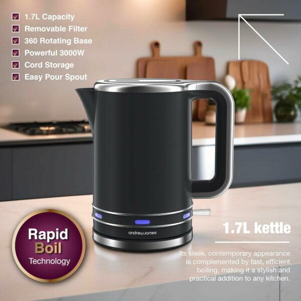 Andrew James Electric Kettle, Fast Boil Kettle with Large 1.7L Kettle, Cordless Quiet Kettle with Reusable Filter, Quick Boil Kettle, Modern, Stylish, Practical, Lumiglo Kettle 3000W (Black)