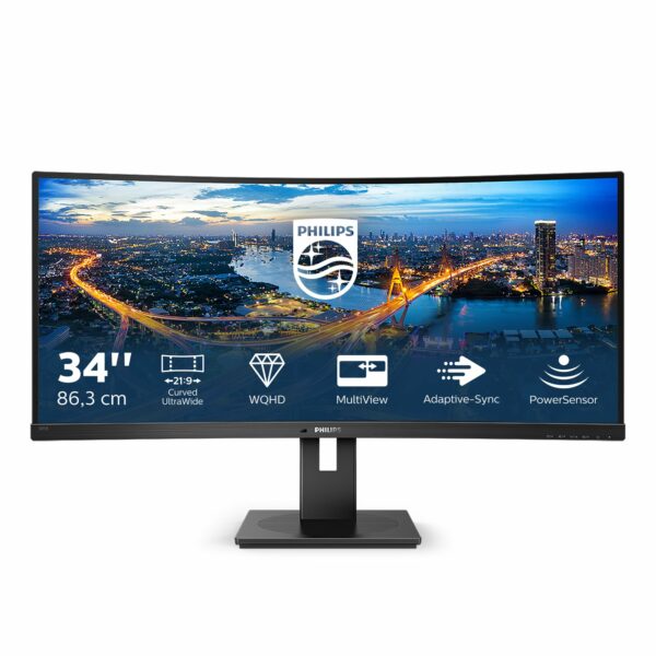 Philips 345B1C - 34 inch Curved WQHD Monitor, 100Hz, 4ms, VA, Speakers, Height Adjust, Power Sensor, USB Hub (3440 x 1440 WQHD, 300 cd/m², HDMI/DP/USB-B/USB 3.2)