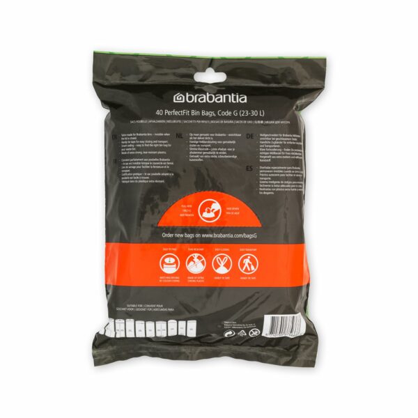 Brabantia PerfectFit Bin Liners (Size G/23-30 Litre) Thick Plastic Trash Bags with Tie Tape Drawstring Handles (40 Bags)