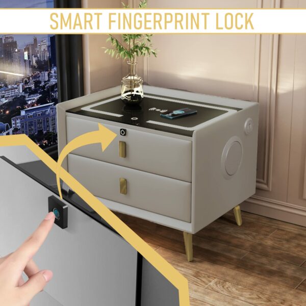Smart Bedside Table With Smart Fingerprint Lock, 5.0 Bluetooth Speakers, 2 Drawers, Double-Layer Countertop & Built-in Three-Tone Lights, Smart Bedroom Nightstand with Wireless Charging