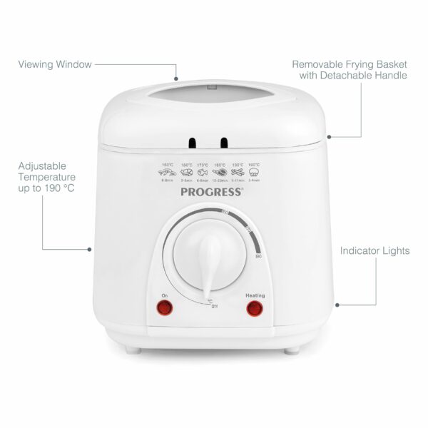 Progress EK2969P Electric 1L Mini Deep Fat Fryer - Removable Cooking Basket, Easy Clean, Non-Slip, Variable Temperature Control to 190°, Non-Stick Oil Tank, Detachable Handle, Countertop Chip Pan