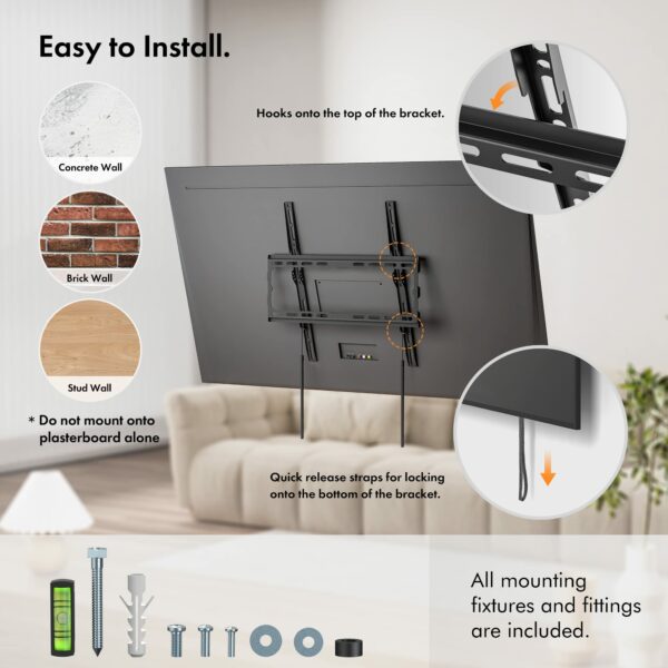 VonHaus TV Wall Bracket for 32-70" Screens, Ultra-Slim TV Bracket with Spirit Level, Flat to Wall Mount, 45kg Capacity, Max VESA: 400x400mm
