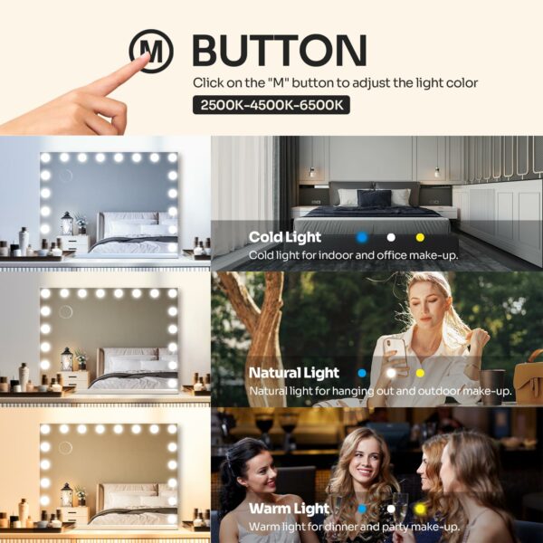 YOURLITE Hollywood Vanity Mirror with Lights, 80×62cm Lighted Makeup Mirror with 18 Dimmable Led Bulbs, 3 Lighting Modes, Touch Screen Control, Tabletop and Wall Mounted for Bedroom