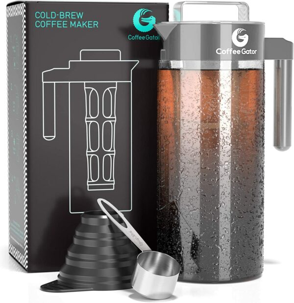 Coffee Gator Cold Brew Coffee Maker - 1.4L Iced Tea and Cold Brew Maker and Pitcher w/Glass Carafe, Filter, Funnel & Measuring Scoop - Grey