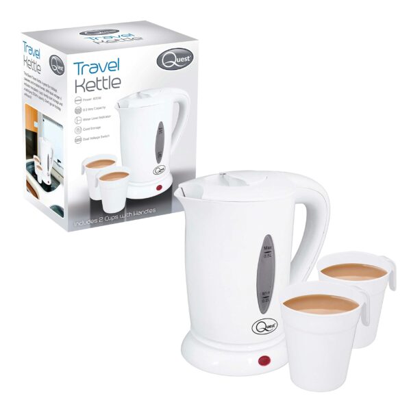 Quest 35440 Compact Travel Kettle / 0.5 litres / 600 Watt/Dual Voltage/Indicator Light/Includes 2 Cups/White