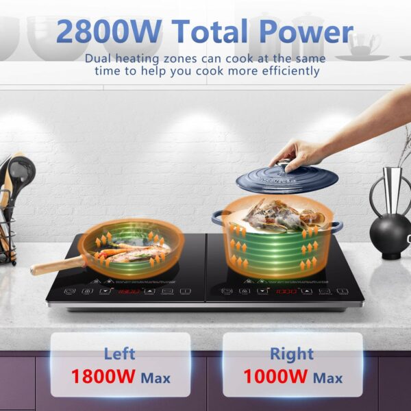 AMZCHEF Double Induction Hob, Induction Cooker with Portable Ultra-thin Body, Independent Control,10 Temperature, Multiple Power Levels, 2800W, 3-Hour Timer, Safety Lock
