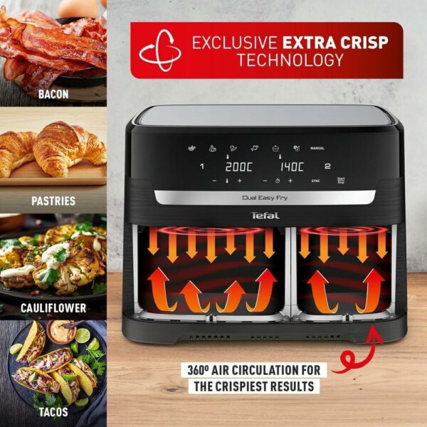 Tefal Easy Fry Dual Zone Digital Air Fryer, 2 Drawers, 8.3L, 8in1, Air Fry, Extra Crisp, Roast, Bake, Reheat, Dehydrate, 6 Portions, Non-Stick, Dishwasher Safe Baskets, Black & Metal EY901840