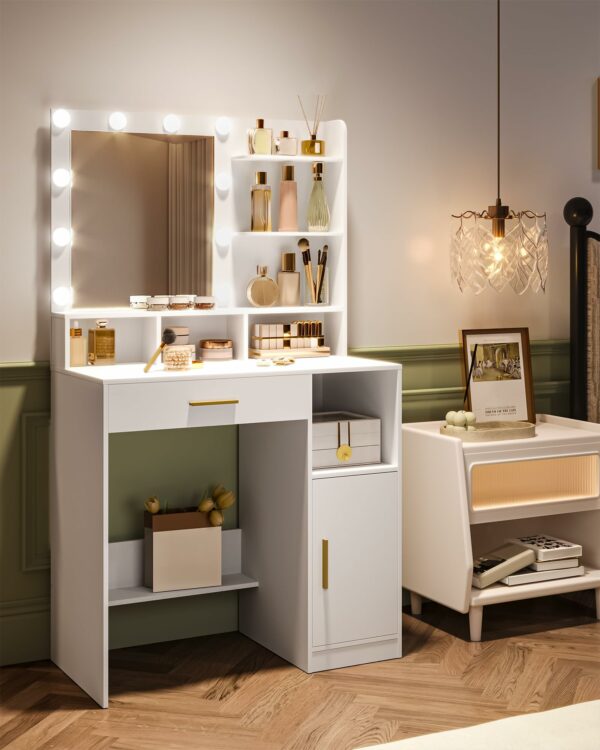 Hzuaneri Dressing Table with Mirror and 10 LED Lights,Vanity Table, Makeup Vanity with 3 Shelves & 4 Open Compartments, Large Drawer & Cabinet, Adjustable Lighting Brightness, White VT08103XUK