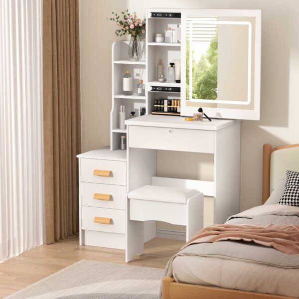 Dressing Table with LED Lights and Adjustable Brightness, Vanity Desk with Mirror, 4 Drawers, 6 Hidden Shelves, and Stool, Makeup Desk for Bedroom, Modern Makeup Table with Mirror and Chair (White)