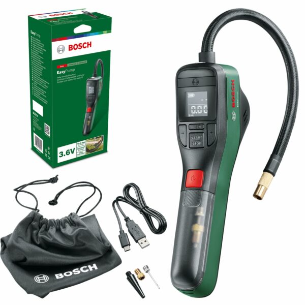 Bosch Electric Bike Pump, Portable Air Pump, Cordless Tyre Inflator EasyPump (3.0 Ah battery, 3.6 Volt, Autostop function, 150 PSI, 10.3 bar, LED, rechargeable via USB-C cable, in carton box)