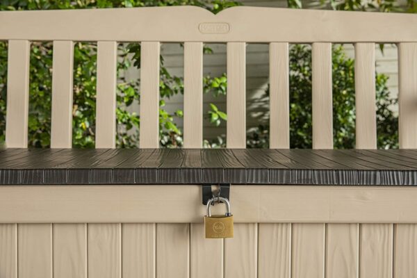 Keter Eden Bench 265L Outdoor 60% recycled Garden Furniture Storage Box Beige Brown Wood Panel Effect