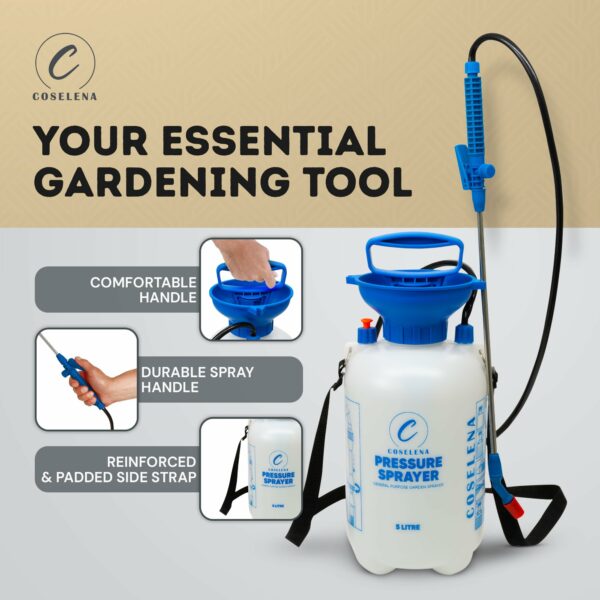 Coselena 5L Garden Sprayer - Portable High Pressure Sprayer with Carry Strap & Adjustable Spray - Durable Weed Killer Pump Sprayer & Plant Spray Bottle - Ideal Sprayer for Patio Cleaning & Garden