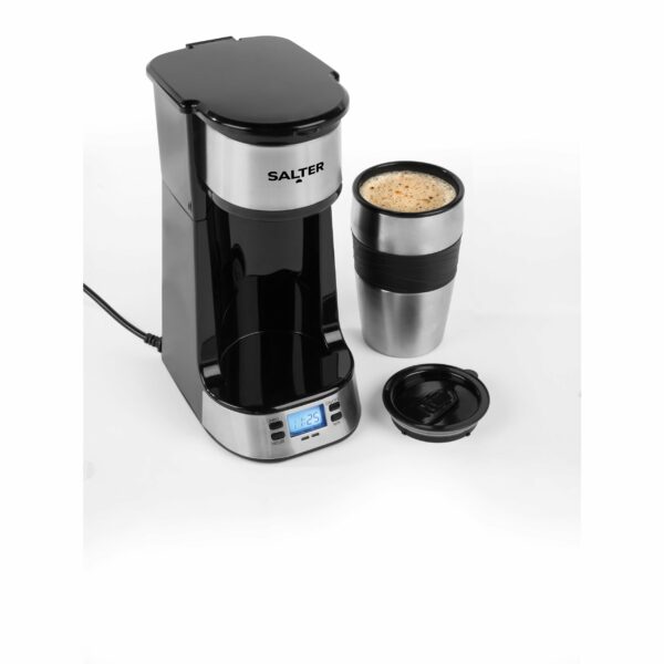 Salter Digital Coffee Maker – One Cup Filter Coffee Machine, Washable & Reusable Filter, Includes 420ml Stainless Steel Travel Mug, 3-4 Minutes Brewing, Suitable For Ground Coffee / Pads, Timer, 750W