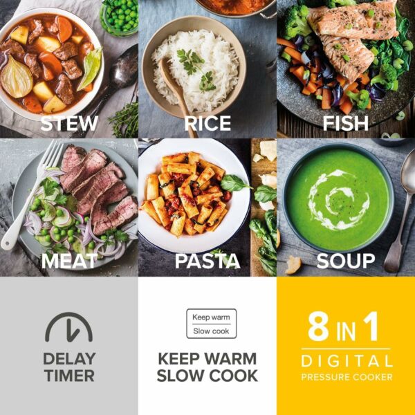 Drew & Cole Pressure King Pro Electric Pressure Cooker 3L - 700W - Chrome - 8-in-1 Multi Cooker with Digital Display - Non Stick Pot - Rice Cooker, Slow Cooker & Soup Maker All in One