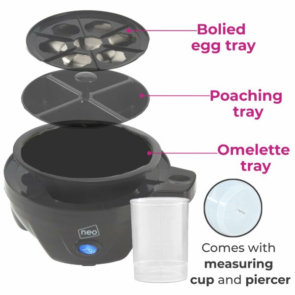 Neo 3 in 1 Durable Kitchen Electric Egg Cooker, Boiler, Poacher Poached Boiled & Omelette Maker Machine Steamer with Timer (Black and Silver)