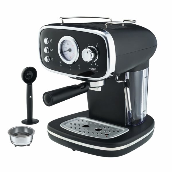 Cooks Professional 15 Bar Retro Coffee Espresso Machine | Coffee Machine with Steam Wand | Built in Temperature Gauge | Black